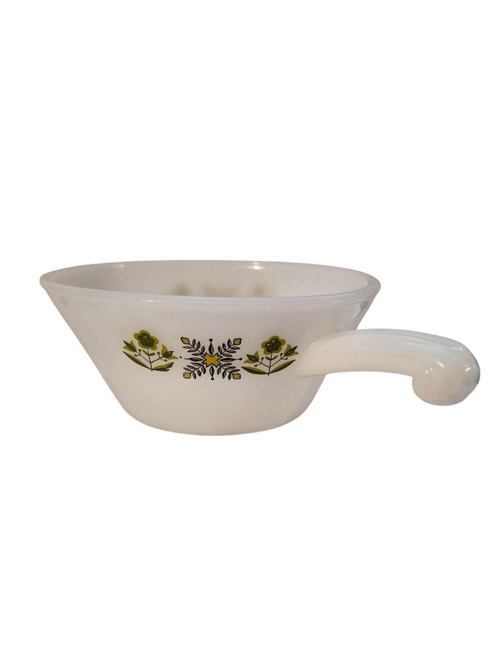 Anchor Hocking Fire-King Milk Glass Handled Soup Bowls Green Floral Design Set O